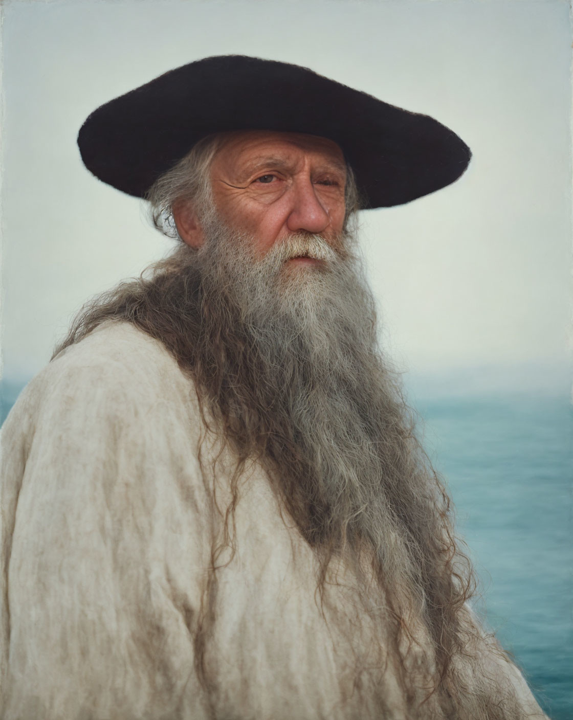 Elderly man in black hat and robe by misty sea