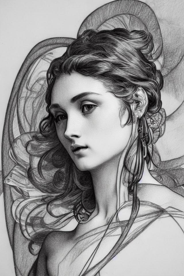 Detailed pencil drawing of a woman with flowing hair and intricate patterns