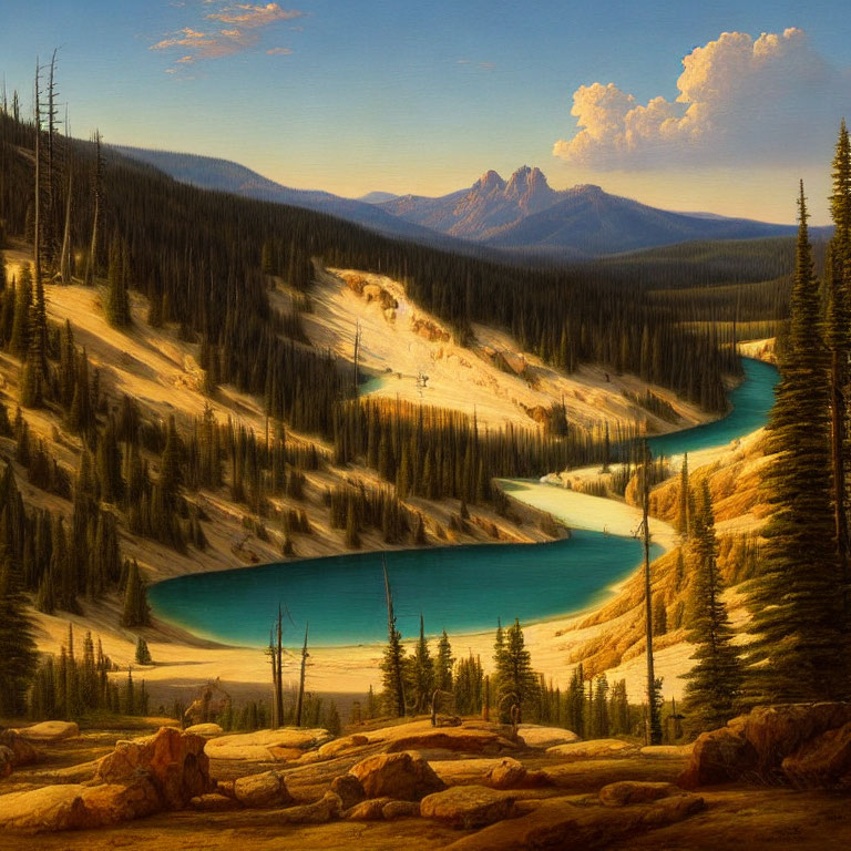 Tranquil landscape with winding river and pine forests