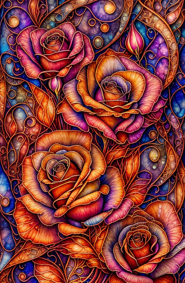 Colorful Stylized Roses Artwork in Purple and Orange on Dark Background