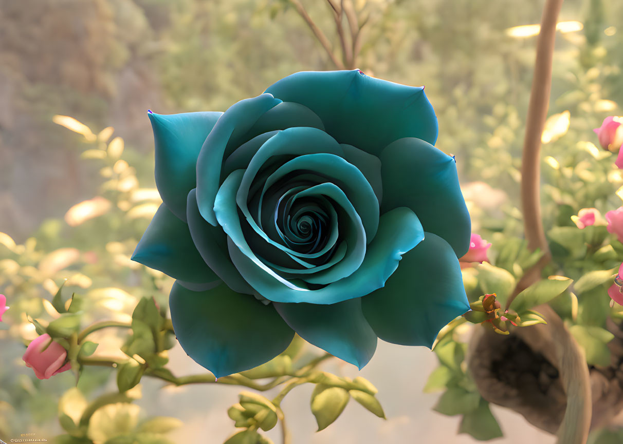 Blue rose with soft petals against green foliage and pink flowers