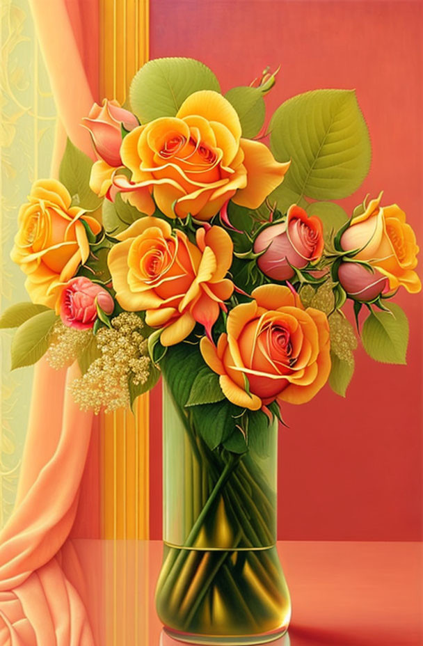 Yellow and Pink Roses in Clear Vase Against Red and Gold Backdrop