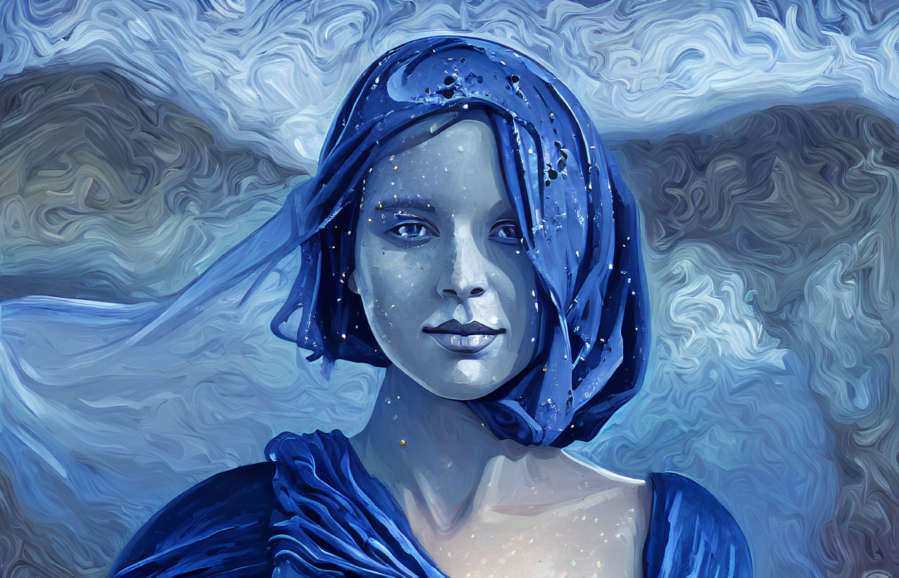 Digital painting of woman with blue scarf and starry face on swirling blue background