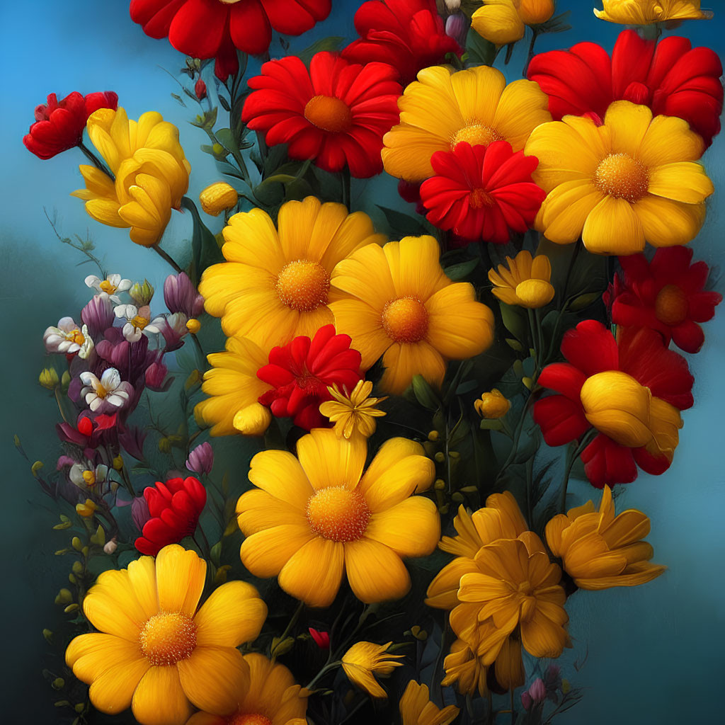 Colorful Red and Yellow Flower Bouquet on Blue Background