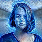 Digital painting of woman with blue scarf and starry face on swirling blue background