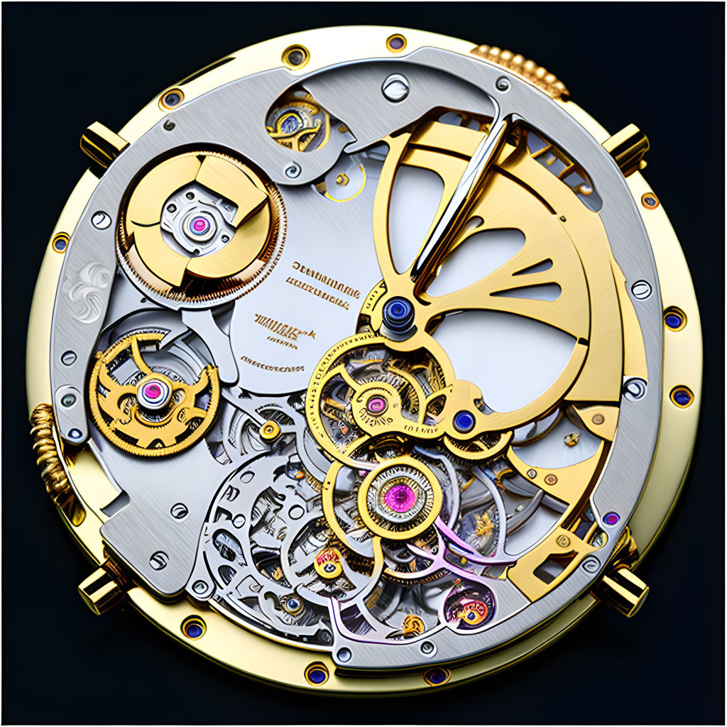 Detailed mechanical watch movement with visible gears, screws, and jewels on black background