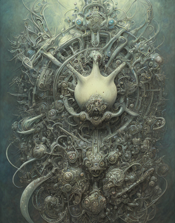 Surreal mechanical entity with organic elements and intricate gears