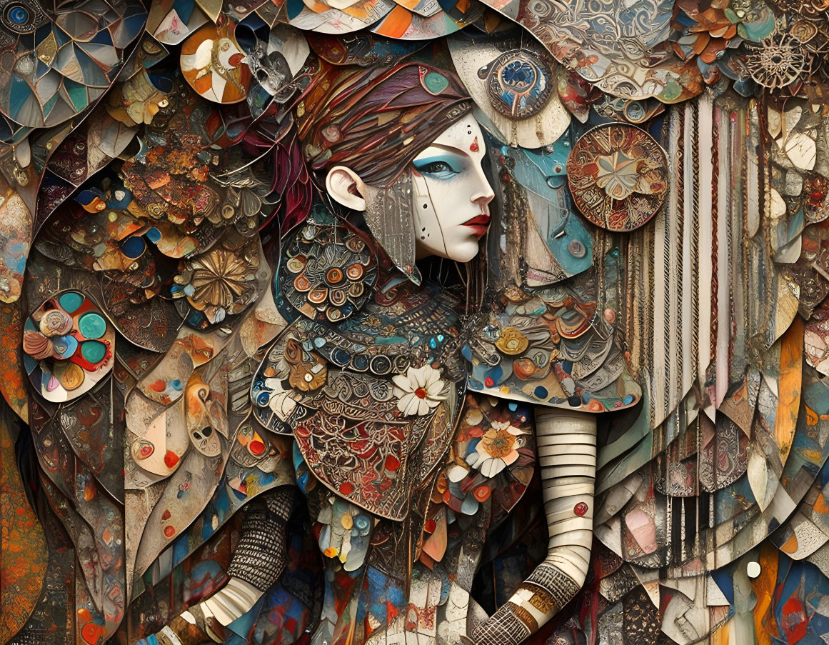 Detailed digital artwork of woman in adorned armor with autumn-themed patterns and textures