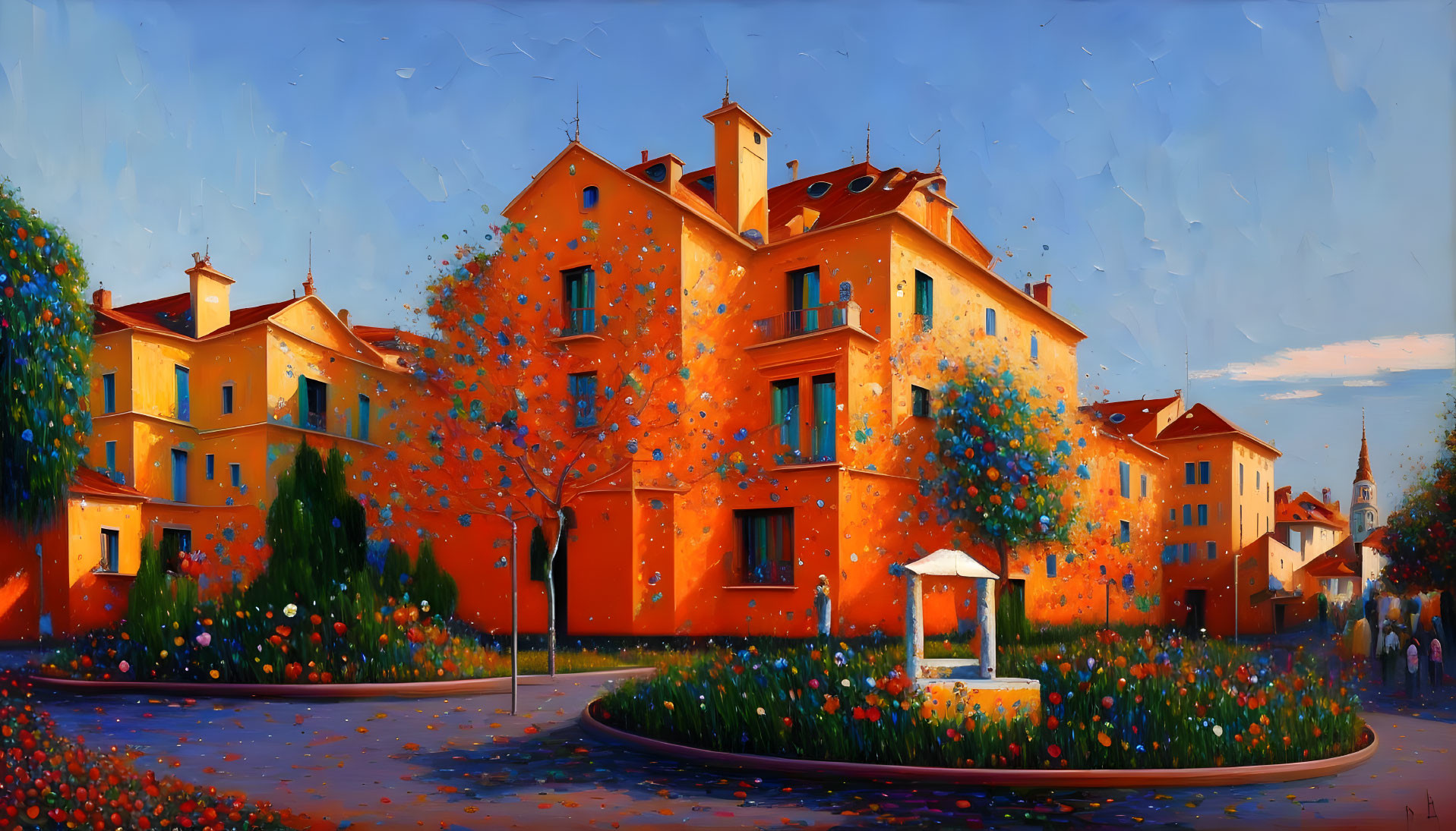 Sunlit European town painting with orange buildings, cobblestone plaza, gazebo, and blooming