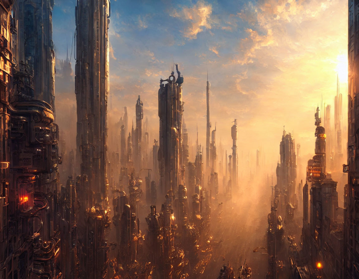 Futuristic cityscape at sunset: towering skyscrapers in golden light