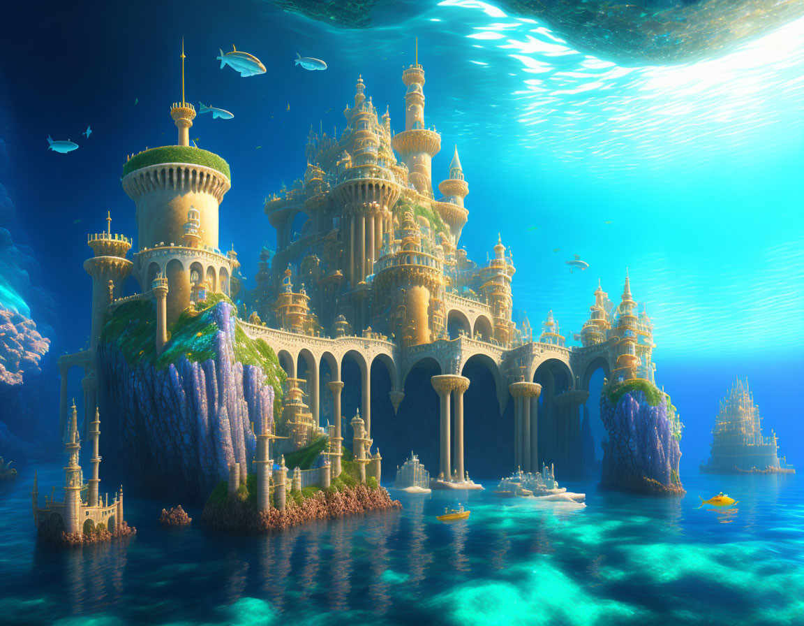 Fantasy underwater castle with ornate towers and marine life.