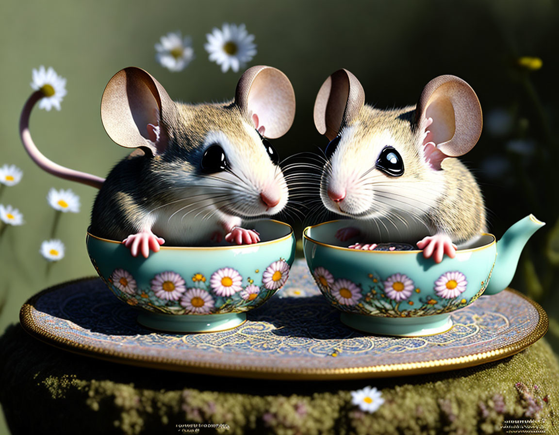 Illustrated mice in daisy teacups on lacy doily in nature backdrop