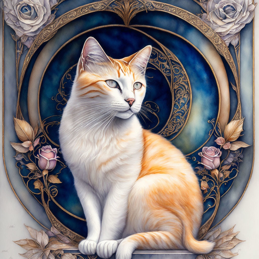 Orange and White Cat in Ornate Frame with Roses on Blue Background