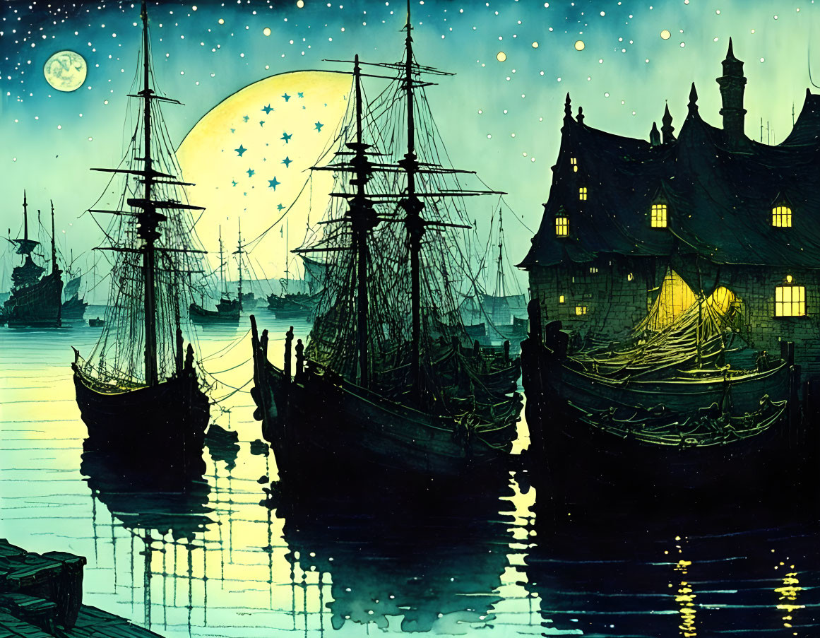 Stylized illustration of sailing ships at dock under starry night sky