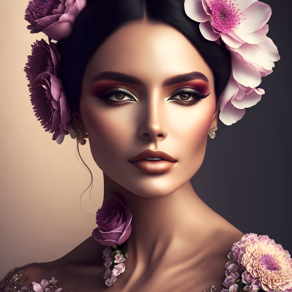 Woman portrait with dramatic makeup and floral hair accessories