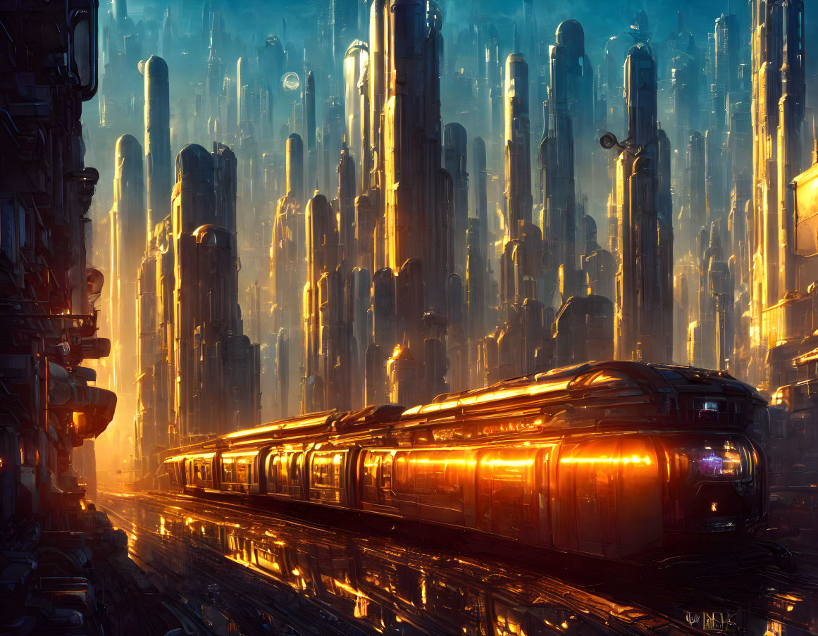 Futuristic cityscape with luminous train and towering skyscrapers