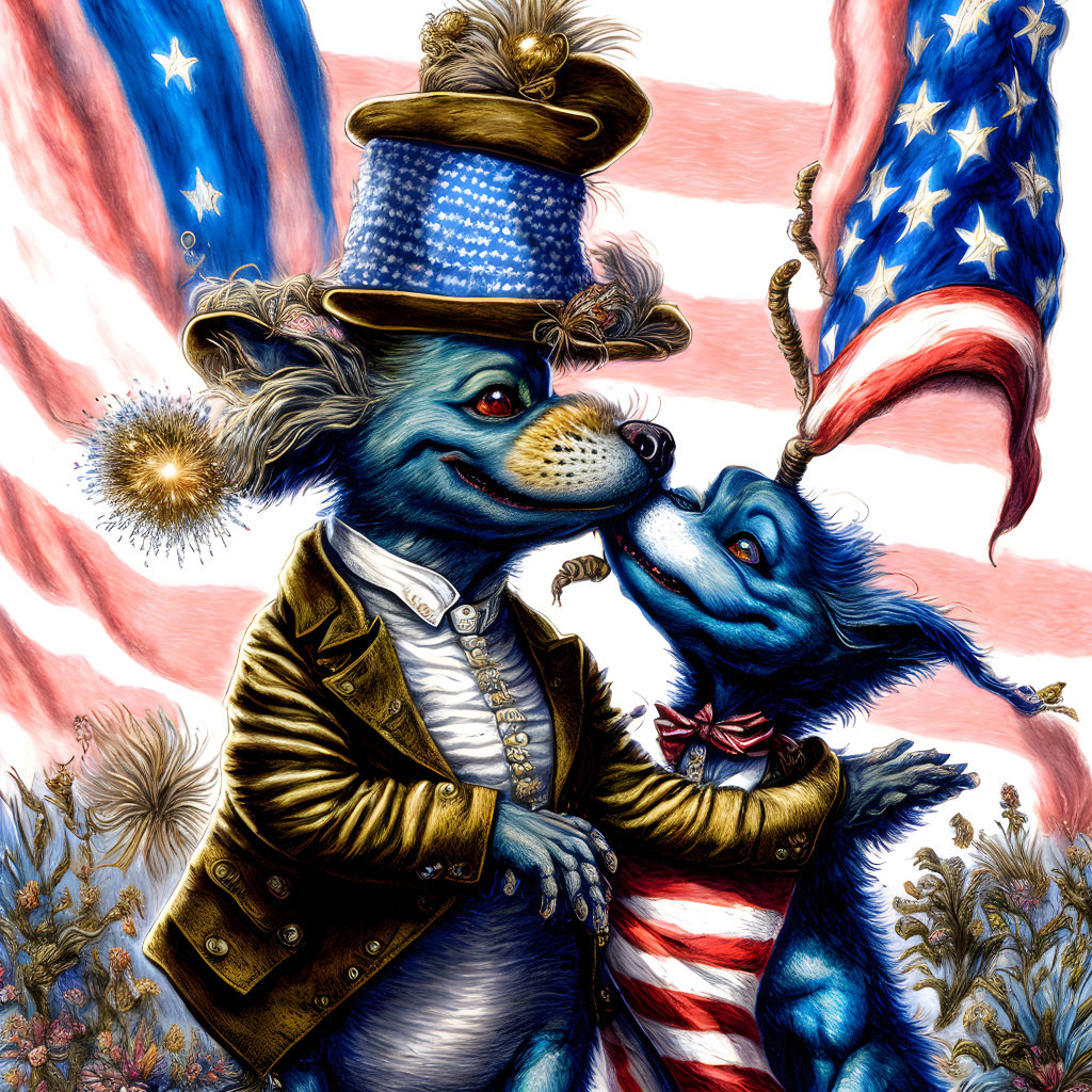 Stylized anthropomorphic blue koalas in American patriotic attire embrace under US flag with fireworks.