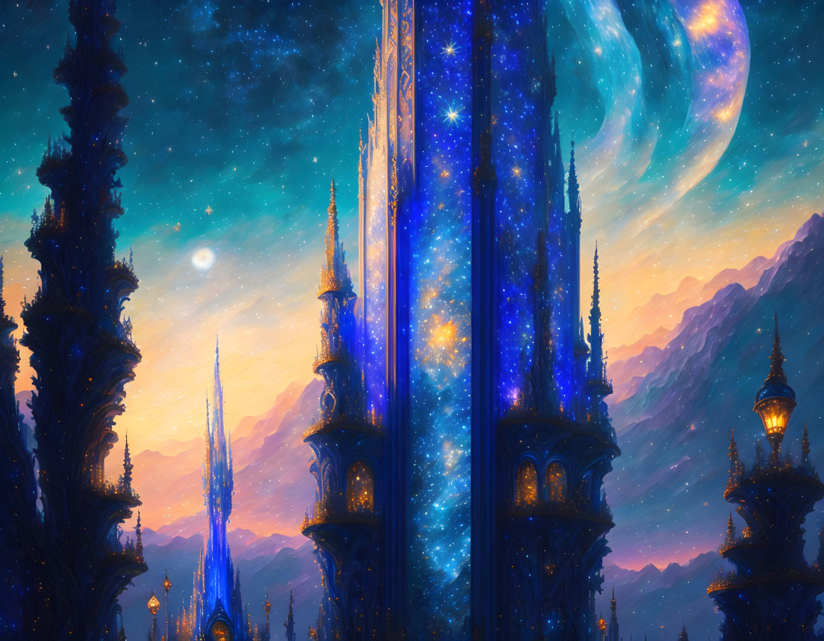 Fantastical digital artwork: Glowing star-filled towers, vibrant night sky, large moon, distant