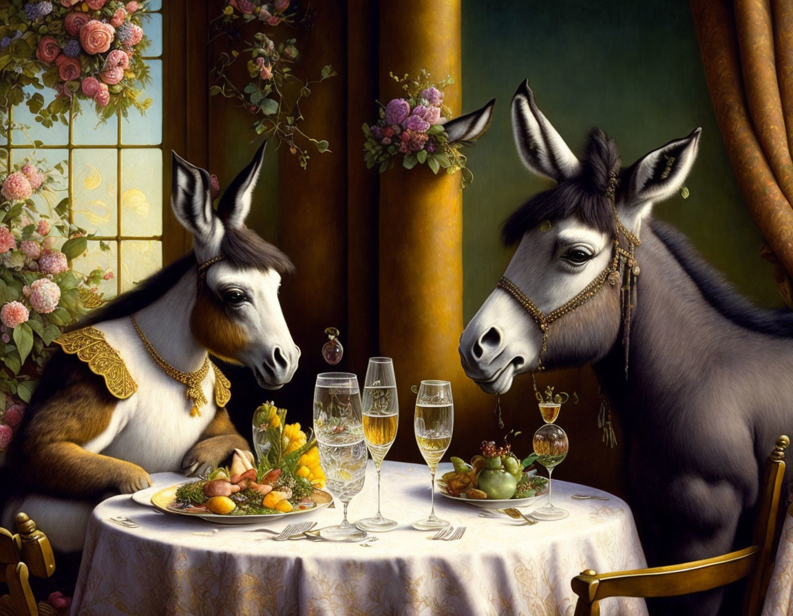 Donkeys in Human Clothing Dining with Wine