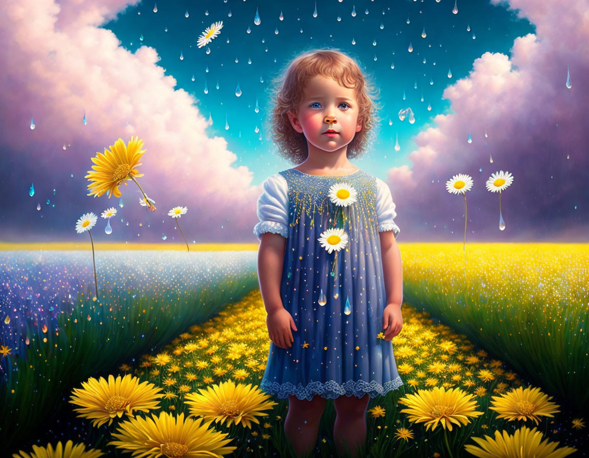 Young girl in blue dress surrounded by yellow flowers under pink sky.