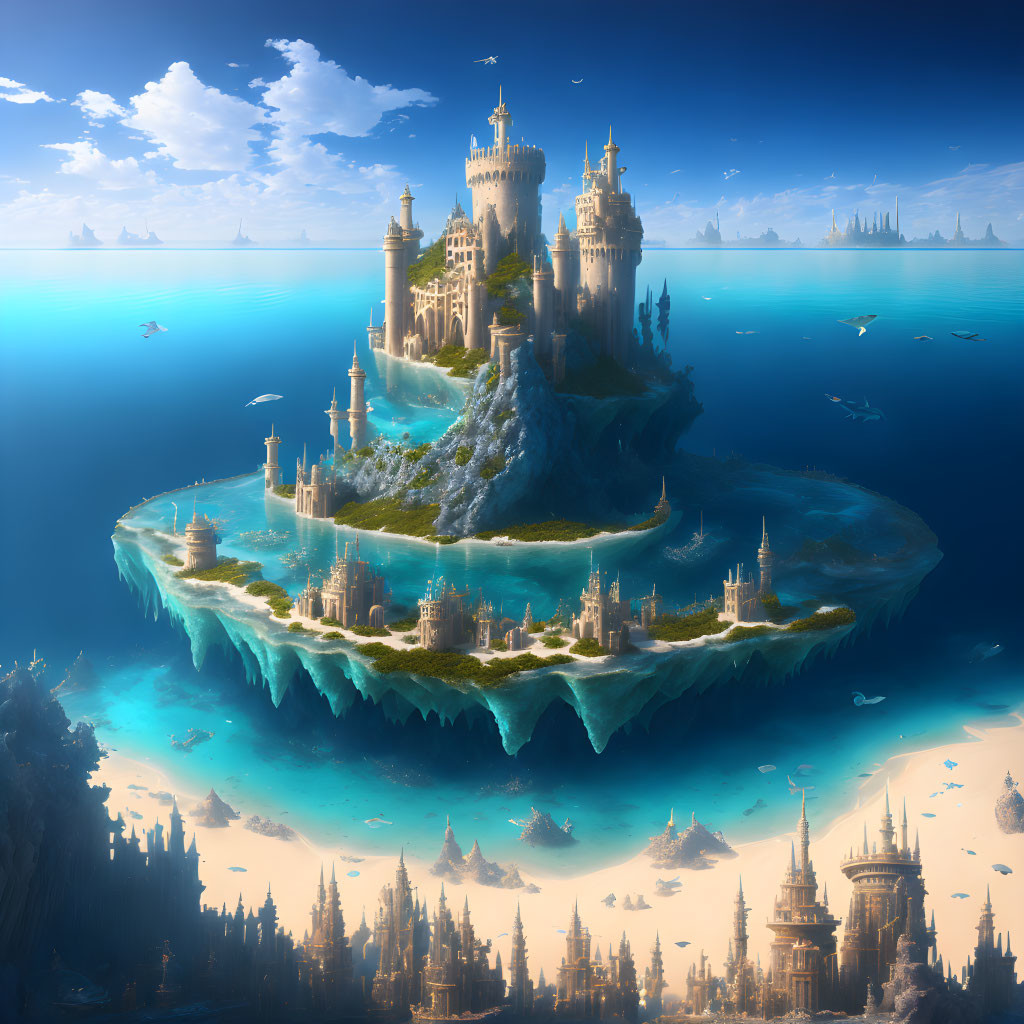 Elaborate floating island with castles and waterfalls