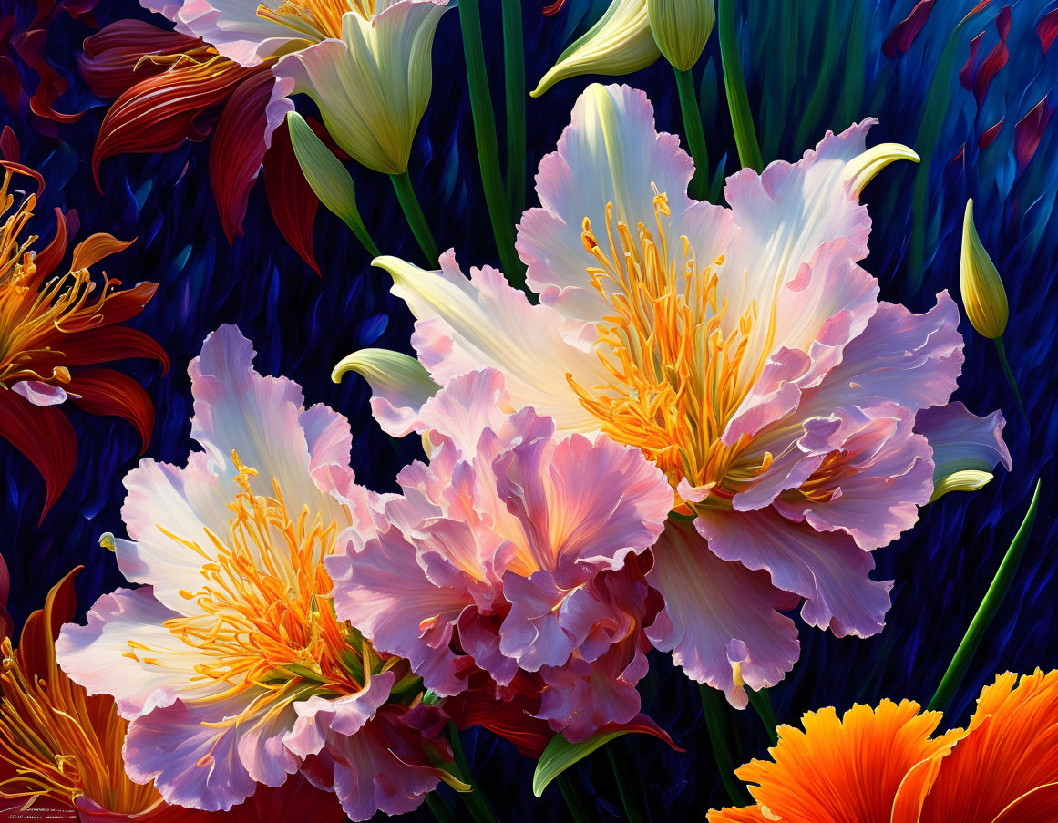 Colorful digital artwork: Pink and orange flowers on dark blue background