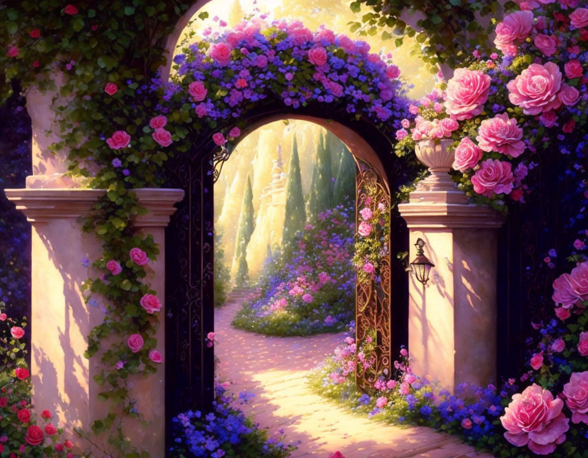 Pink and Purple Flower Garden Gateway with Sunlit Path