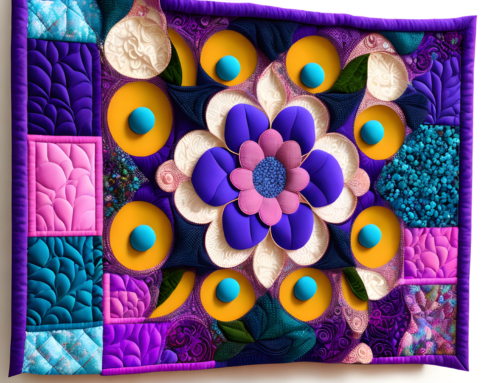 Colorful Quilt with Textures, Patterns, Purple Flower, Geometric Shapes