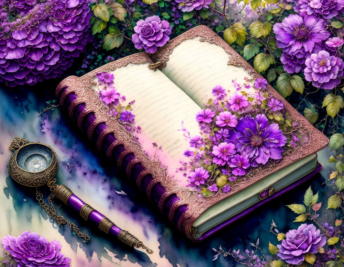 Ornate open book with blank pages and vintage magnifying glass on floral background