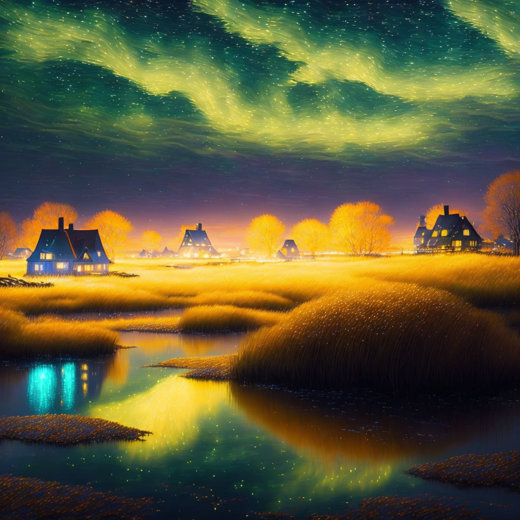 Nocturnal pastoral scene with glowing houses and green sky