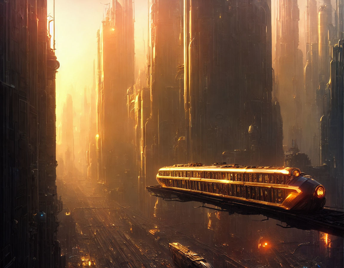 Futuristic sunset cityscape with skyscrapers and glowing train