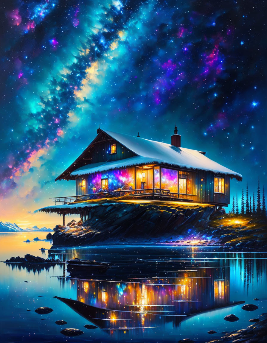 Starry night sky over warmly lit lakeside cabin