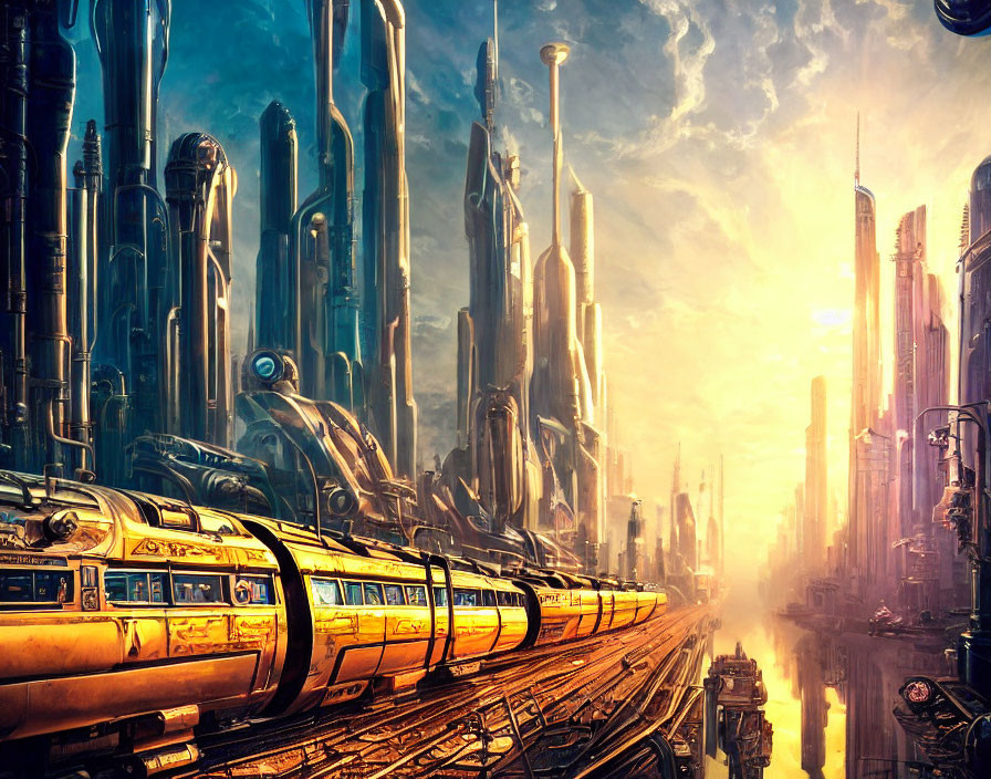 Futuristic cityscape with skyscrapers, train, golden hue