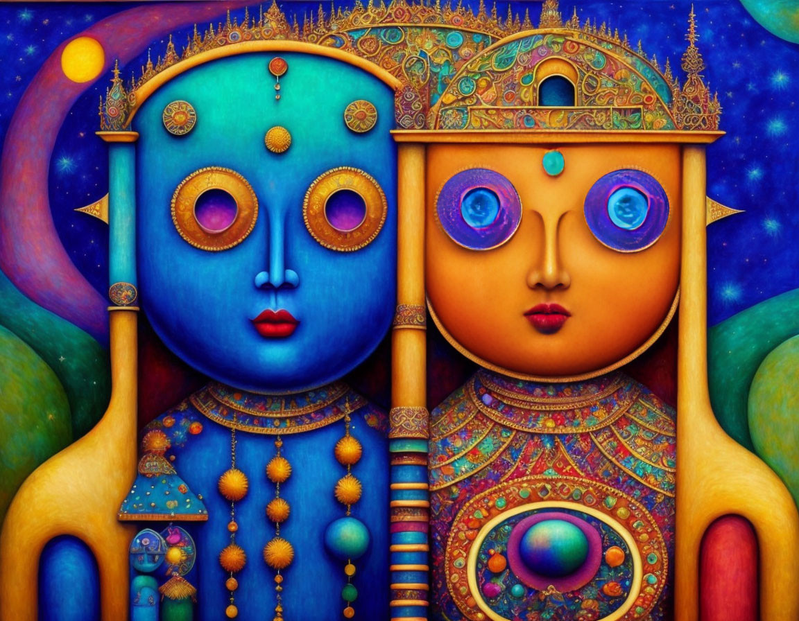 Vibrant painting of stylized faces with celestial motifs