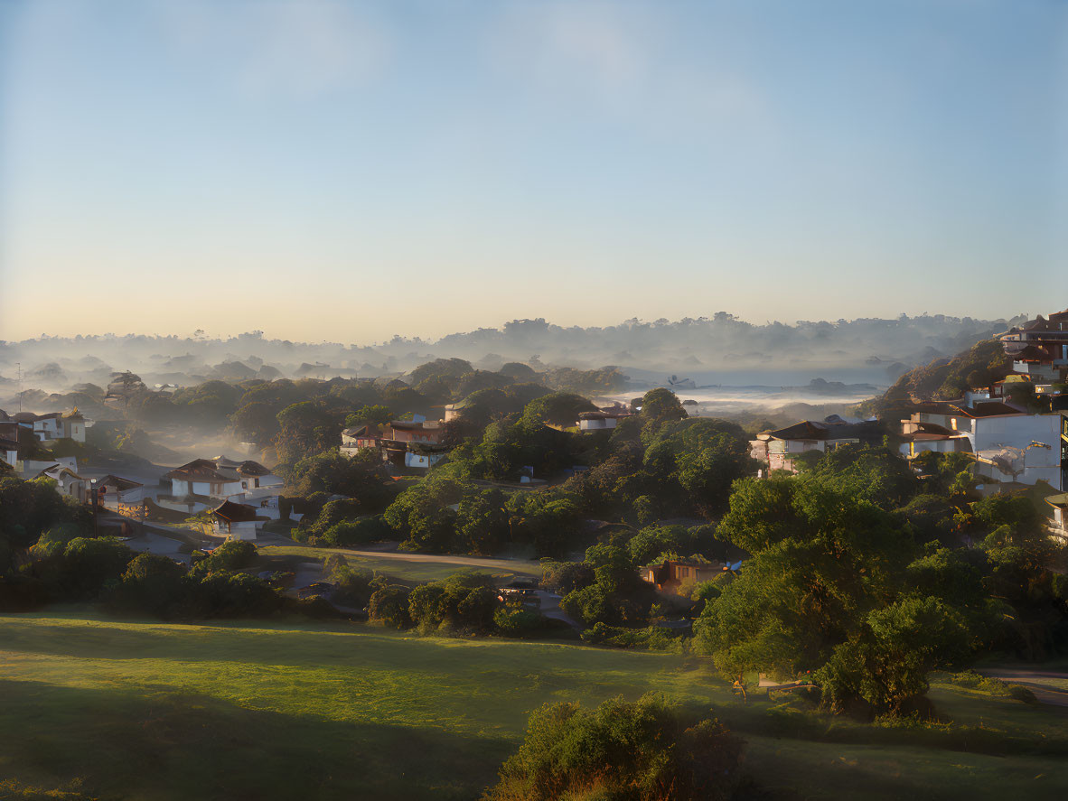 Tranquil suburban dawn scene with misty green landscape.