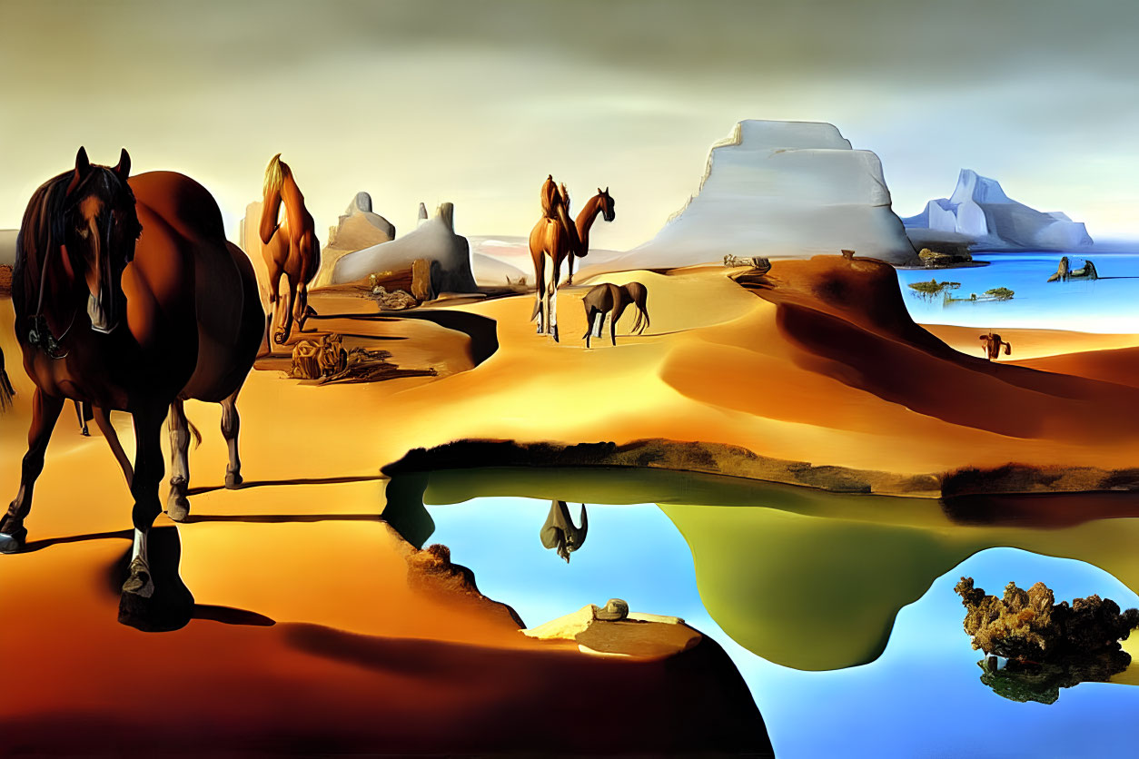 Surrealist landscape featuring horses, reflective water, desert terrain, buttes, and icebergs