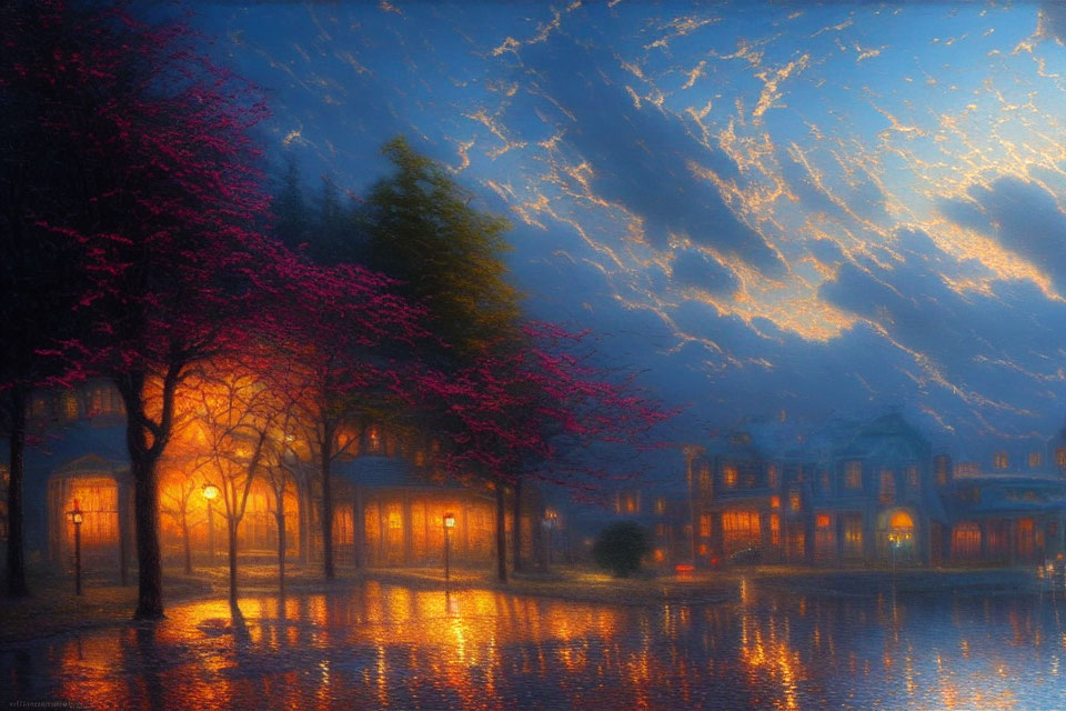 City street at twilight with glowing streetlamps, wet cobblestone, pink blossoms, and