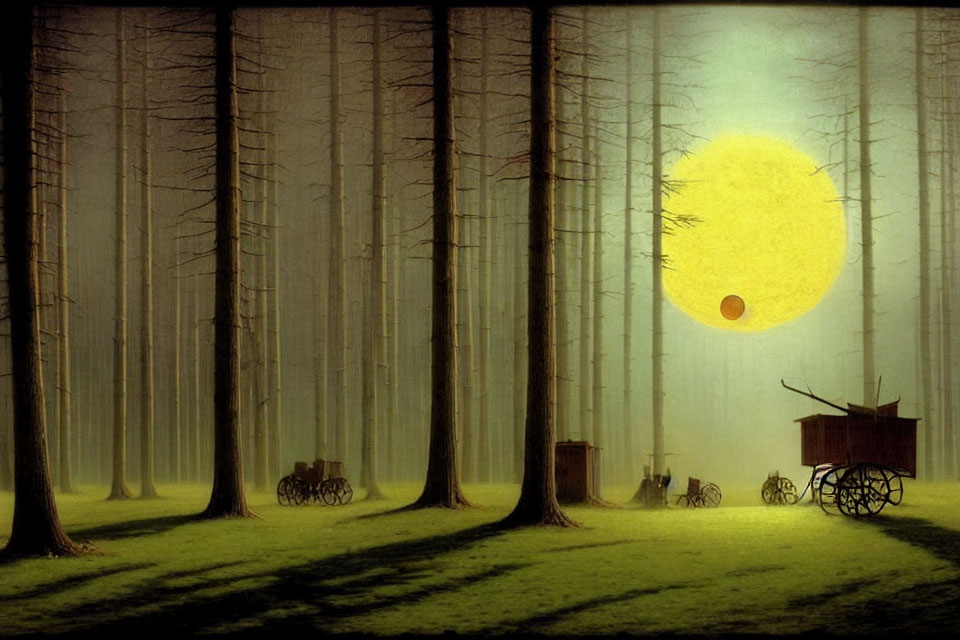 Surreal forest scene with towering trees, mist, giant moon, carts, and shed