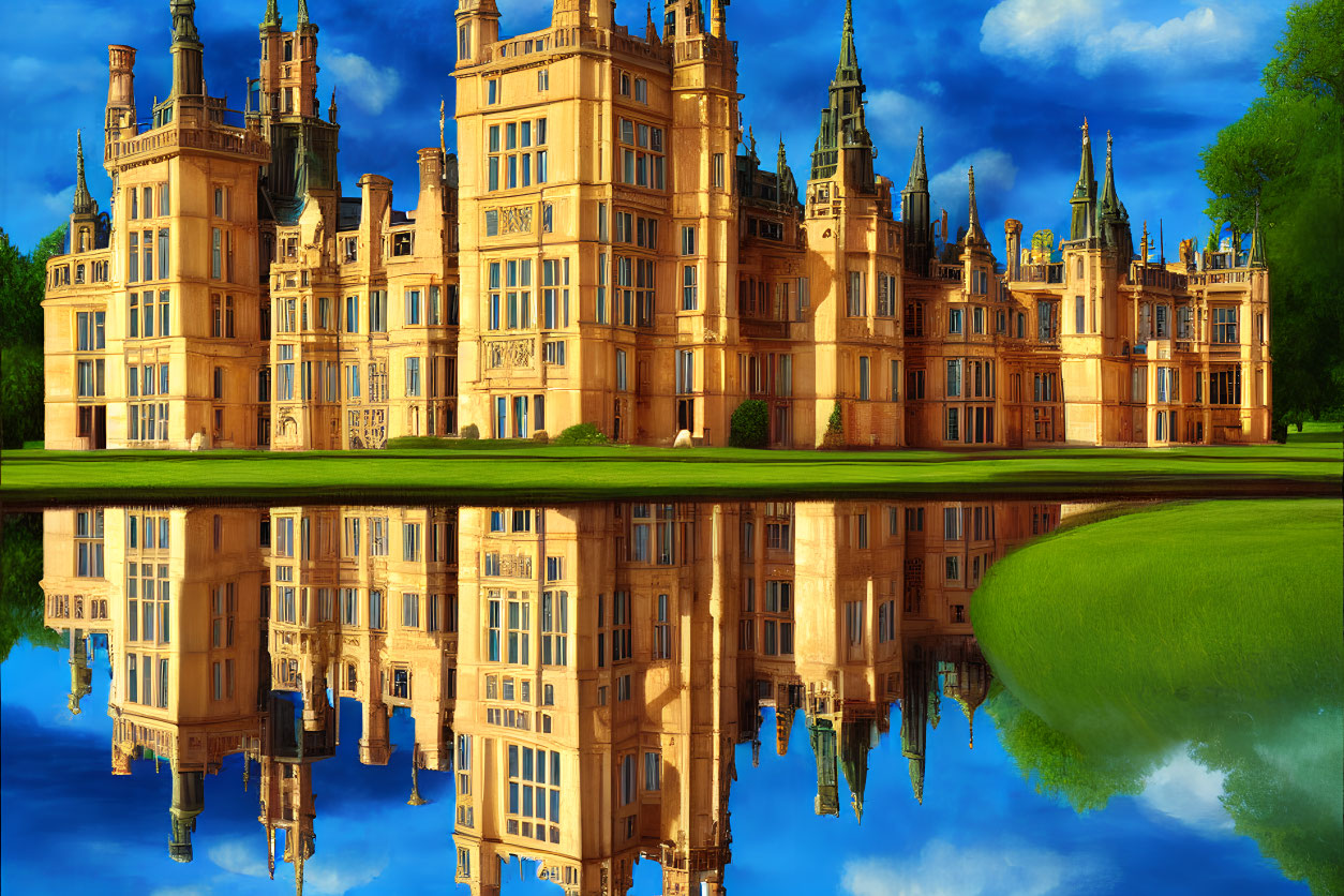 Golden-hued castle with spires reflecting in still water under blue sky