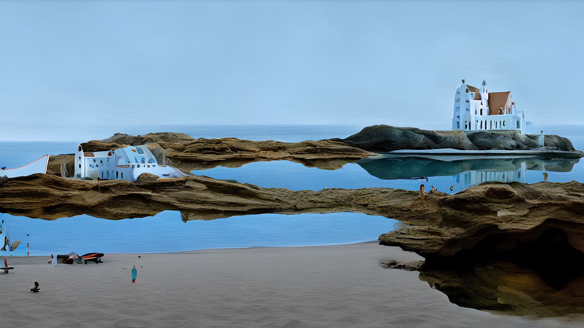 Surreal floating rocky island over calm sea with whimsical structures and beachgoers