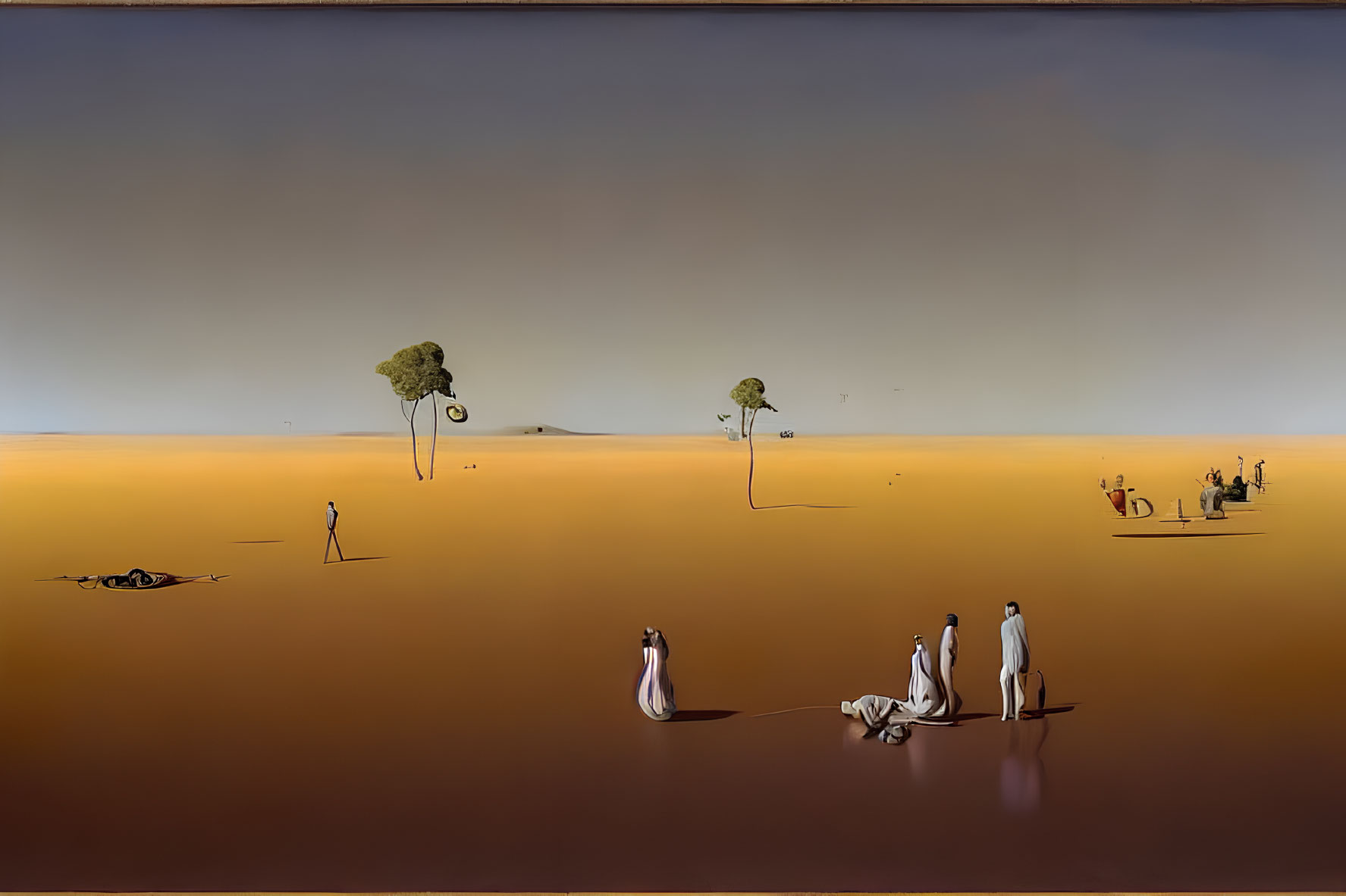 Surreal desert landscape with scattered figures and trees under hazy sky