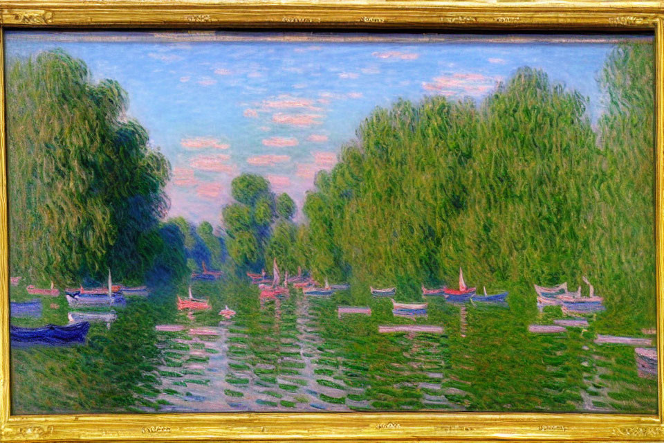 Serene river scene with boats and rowing people under a pink dusk sky