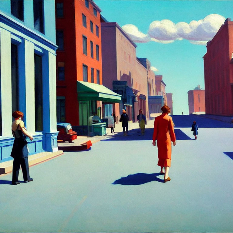 Colorful painting of people on sunny urban street with shadows and flat colors, creating serene atmosphere