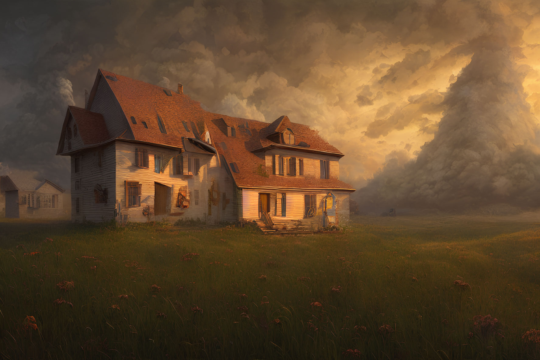 Spacious wooden house in field at dusk with dramatic clouds and warm sunlight.