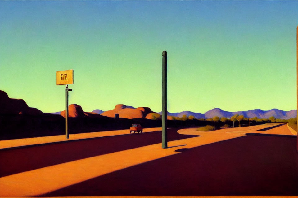 Desolate desert road with road sign, light pole, shadowed hills, lone car, clear sky