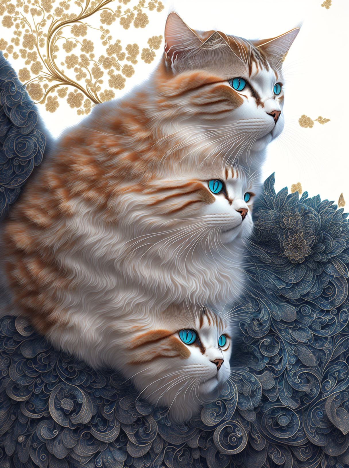 Stylized cats with blue eyes and ornate fur against gold and blue backdrop