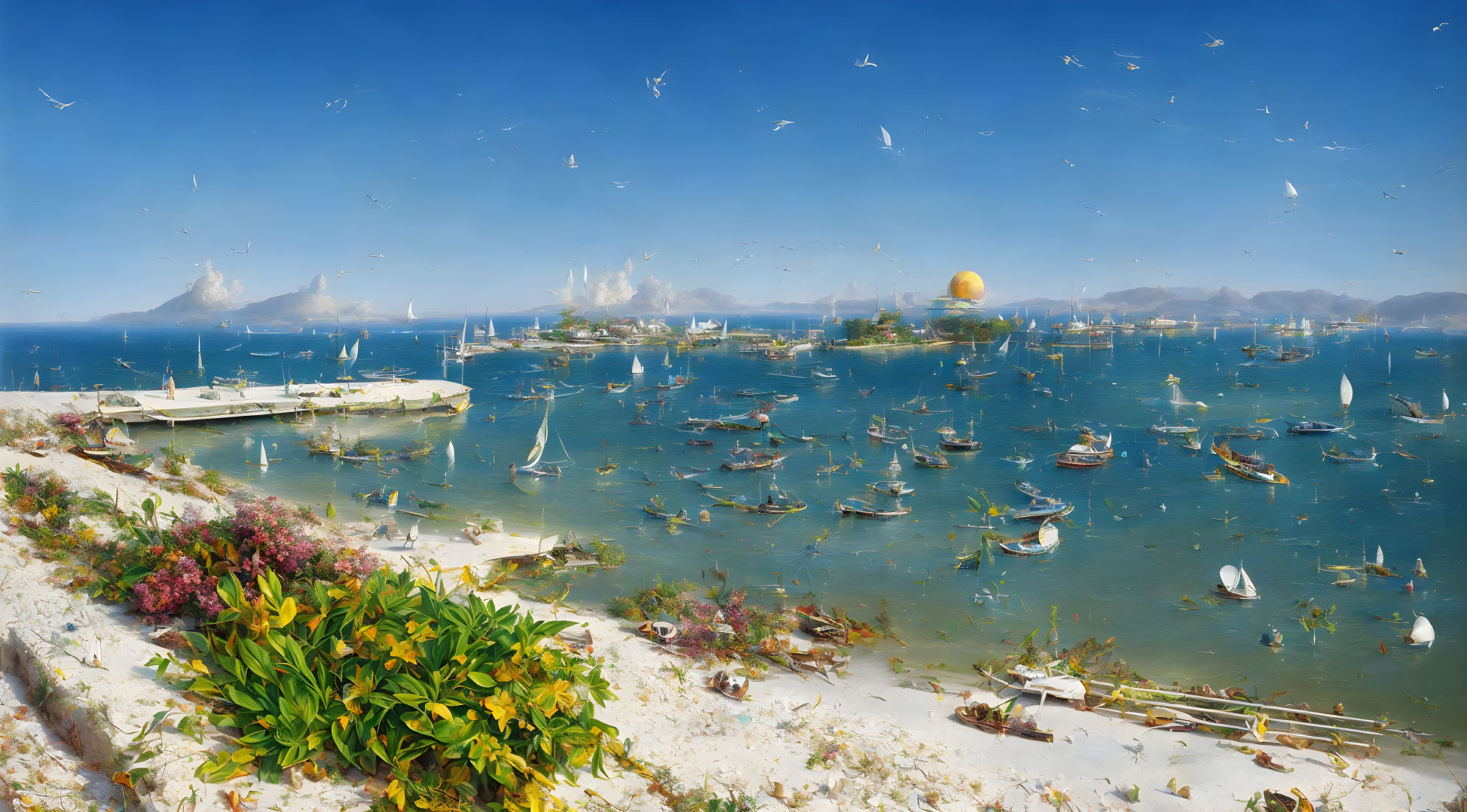 Bustling seaside panorama with sailboats, golden dome, flora, and seagulls