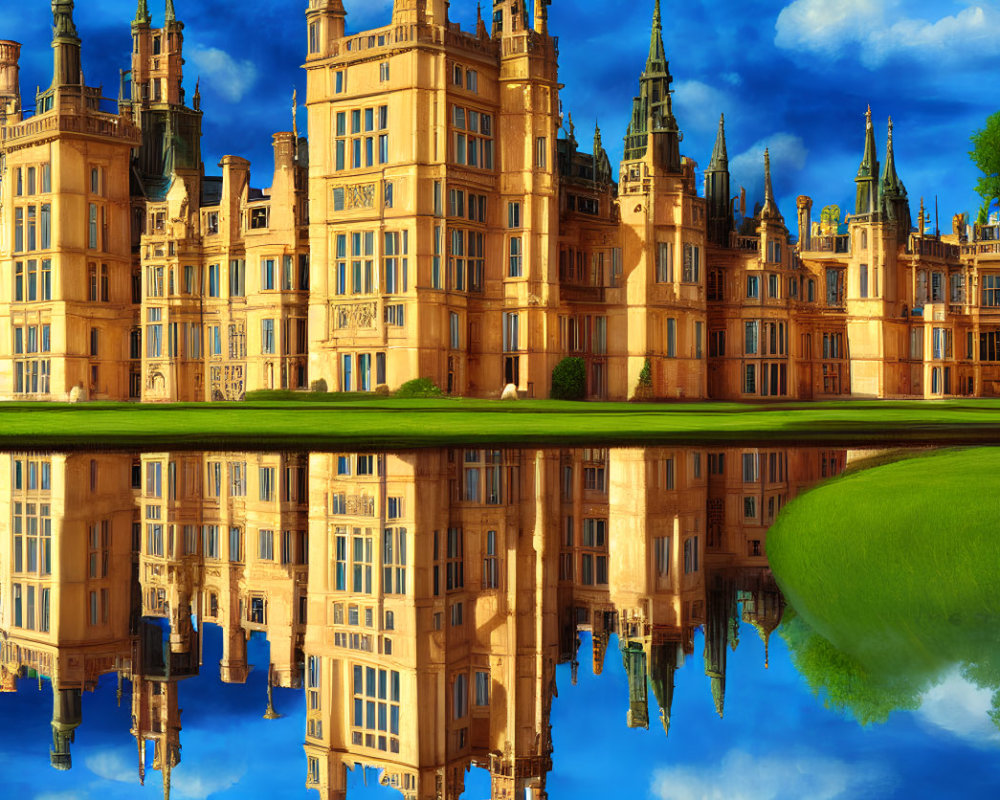 Golden-hued castle with spires reflecting in still water under blue sky