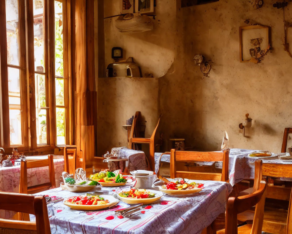 Rustic dining room with vintage decor and sunlight streaming in