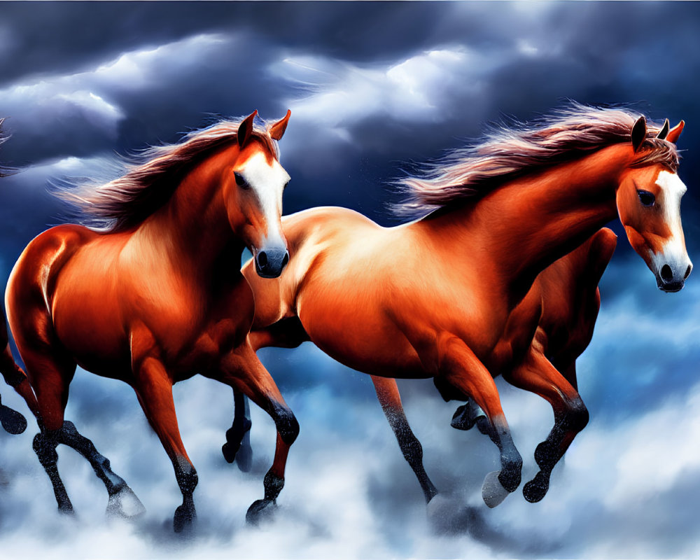 Three Majestic Chestnut Horses Running Under Dynamic Cloudy Sky